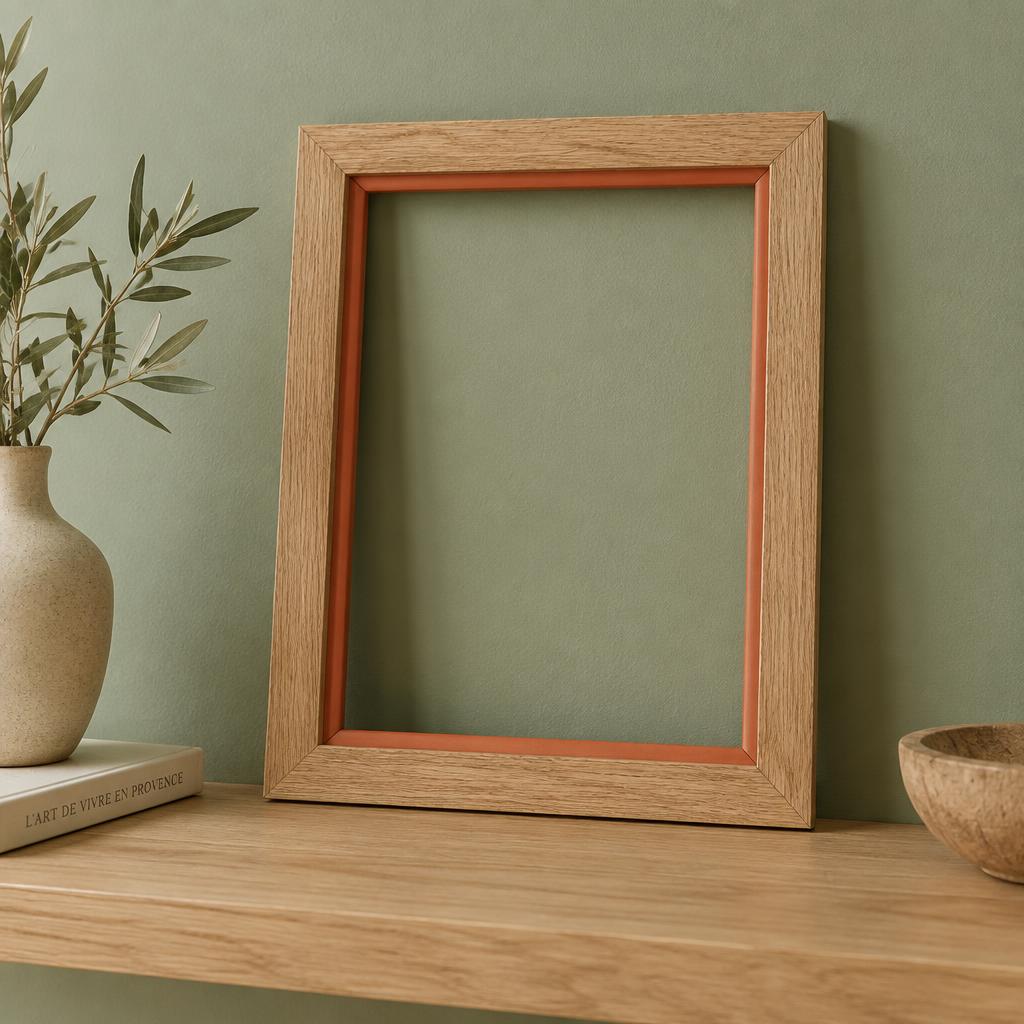 Cadre photo en chêne au liseré intérieur terracotta, posé sur une étagère devant un mur vert sauge