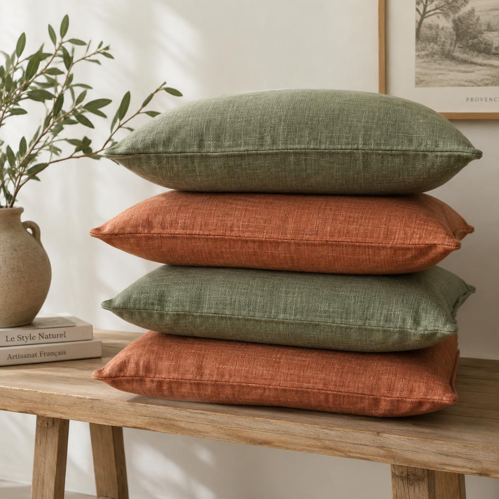 Pile de coussins en lin lavé vert sauge et terracotta sur un banc en bois