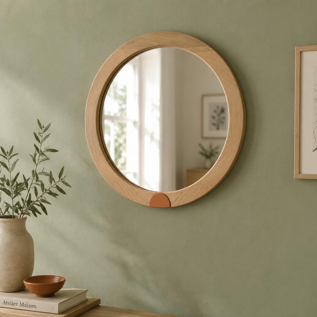 Miroir rond au cadre en chêne clair avec détail terracotta, accroché sur un mur vert sauge