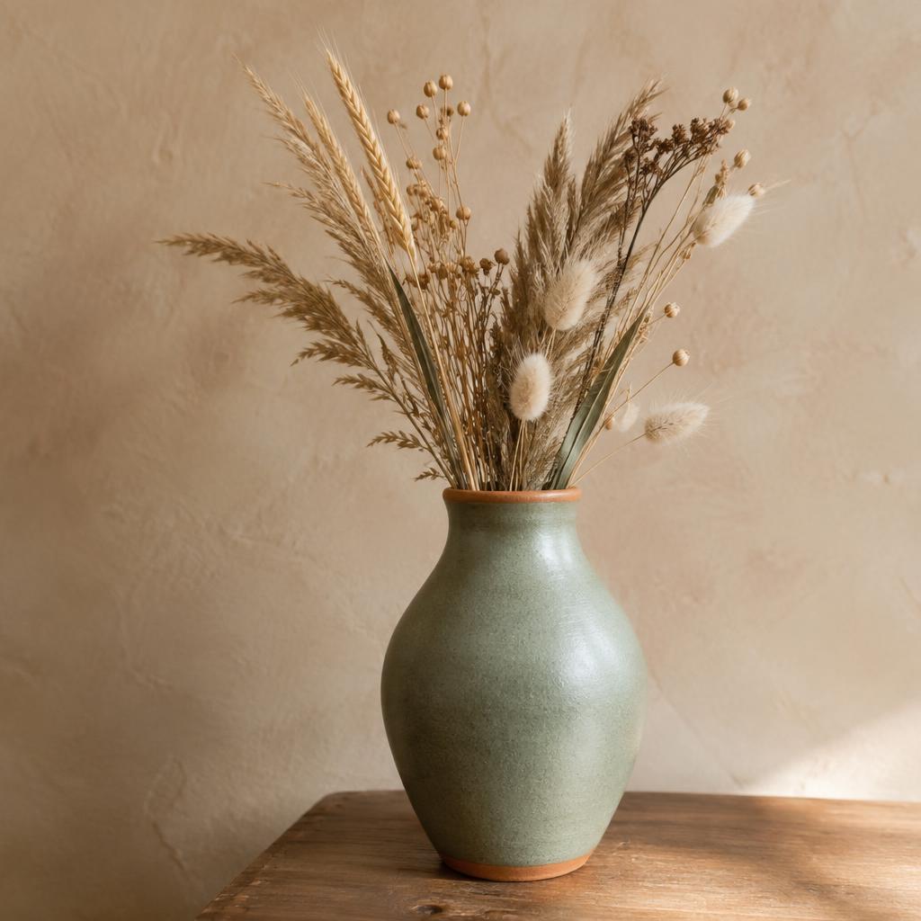 Vase en grès vert sauge au col terracotta garni de graminées séchées, sur un meuble en bois